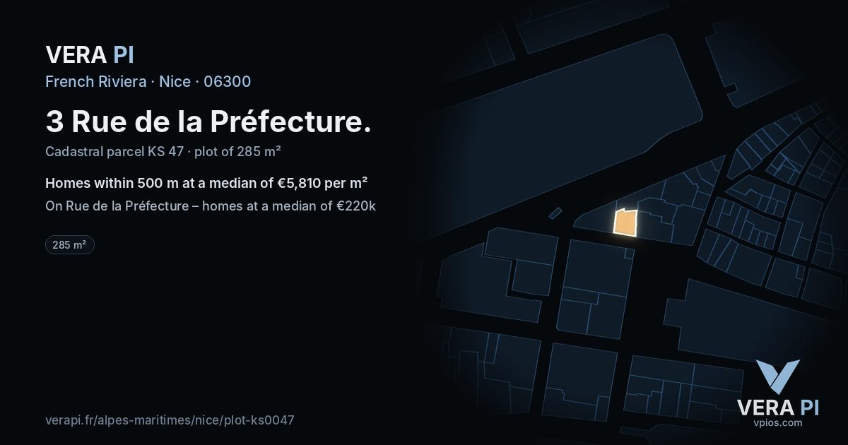3 Rue de la Préfecture, Nice at night – the plot lit, the parcels around coloured by the prices near them