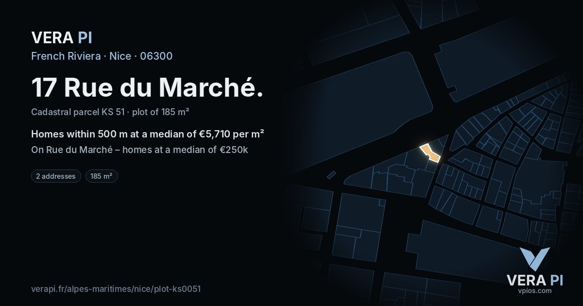 17 Rue du Marché, Nice at night – the plot lit, the parcels around coloured by the prices near them