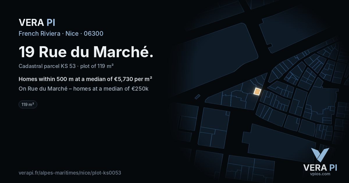 19 Rue du Marché, Nice at night – the plot lit, the parcels around coloured by the prices near them