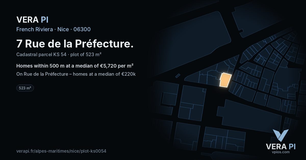 7 Rue de la Préfecture, Nice at night – the plot lit, the parcels around coloured by the prices near them