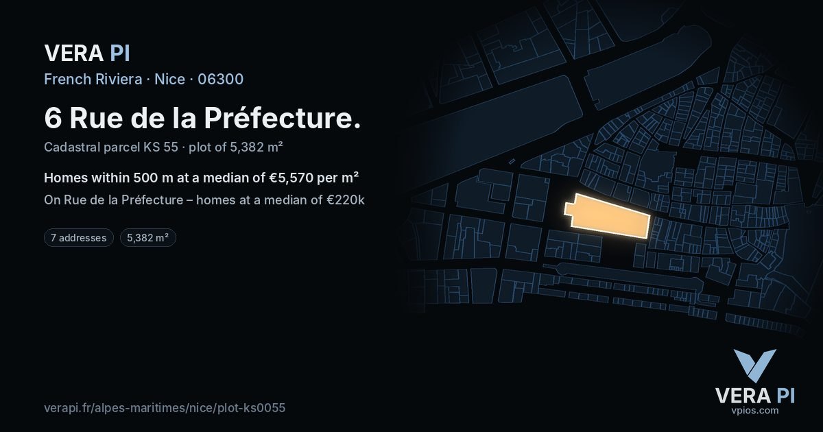 6 Rue de la Préfecture, Nice at night – the plot lit, the parcels around coloured by the prices near them