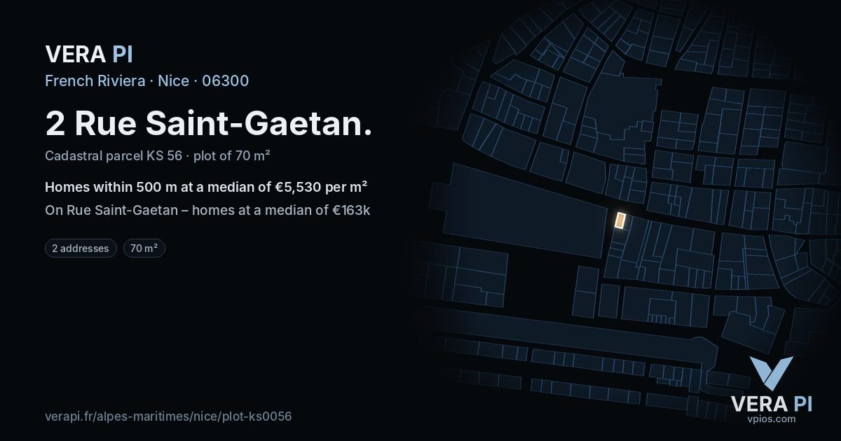 2 Rue Saint-Gaetan, Nice at night – the plot lit, the parcels around coloured by the prices near them