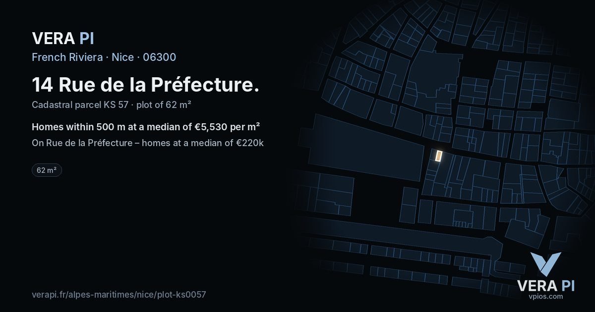 14 Rue de la Préfecture, Nice at night – the plot lit, the parcels around coloured by the prices near them