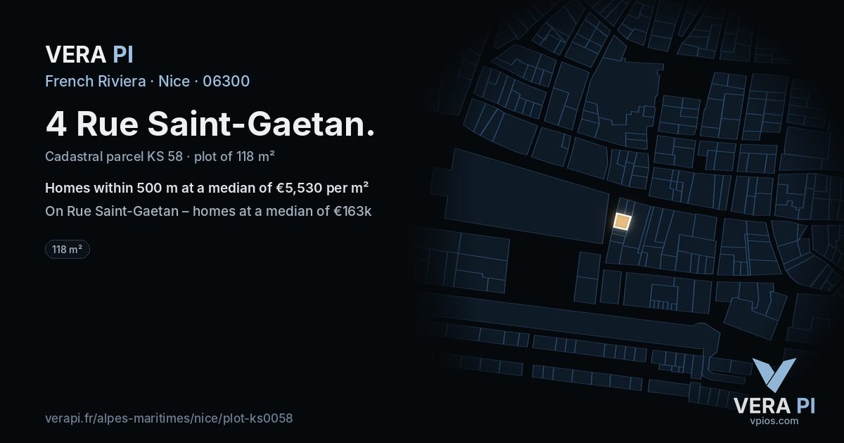 4 Rue Saint-Gaetan, Nice at night – the plot lit, the parcels around coloured by the prices near them