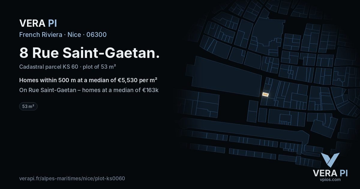 8 Rue Saint-Gaetan, Nice at night – the plot lit, the parcels around coloured by the prices near them