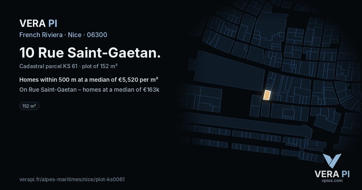 10 Rue Saint-Gaetan, Nice at night – the plot lit, the parcels around coloured by the prices near them