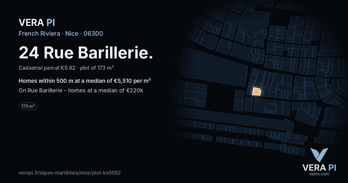 24 Rue Barillerie, Nice at night – the plot lit, the parcels around coloured by the prices near them
