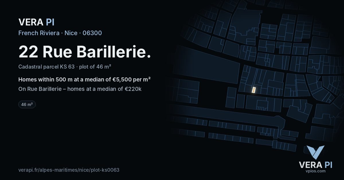 22 Rue Barillerie, Nice at night – the plot lit, the parcels around coloured by the prices near them