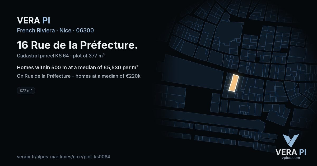 16 Rue de la Préfecture, Nice at night – the plot lit, the parcels around coloured by the prices near them