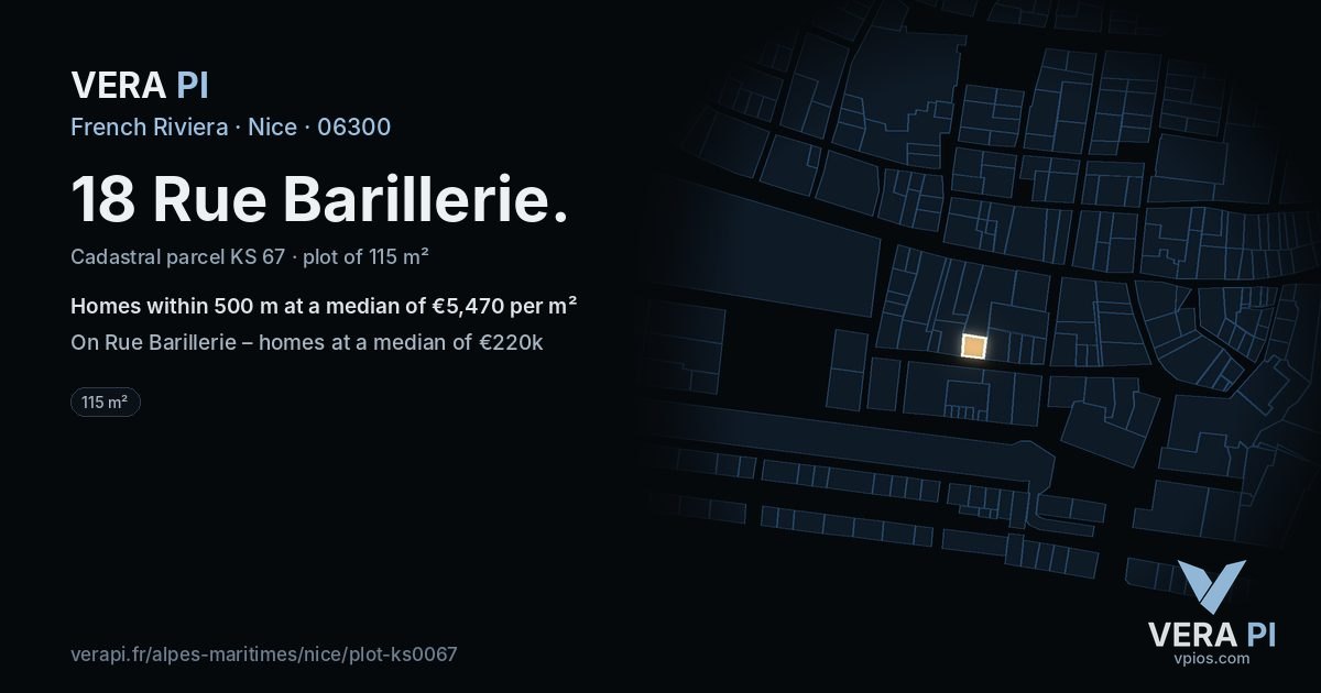 18 Rue Barillerie, Nice at night – the plot lit, the parcels around coloured by the prices near them