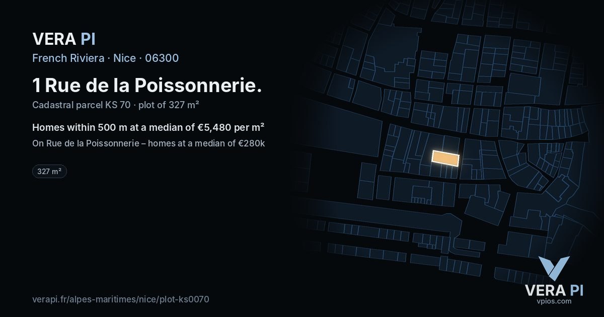 1 Rue de la Poissonnerie, Nice at night – the plot lit, the parcels around coloured by the prices near them