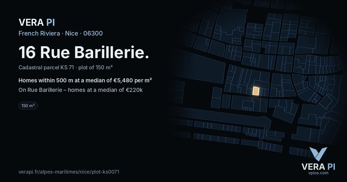 16 Rue Barillerie, Nice at night – the plot lit, the parcels around coloured by the prices near them