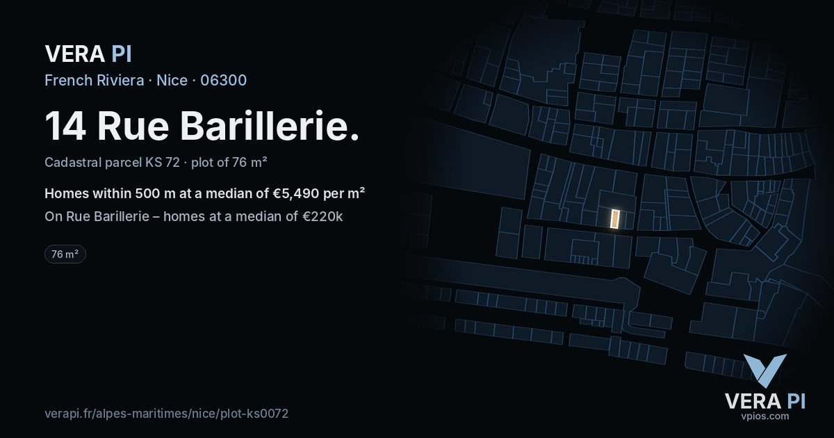 14 Rue Barillerie, Nice at night – the plot lit, the parcels around coloured by the prices near them