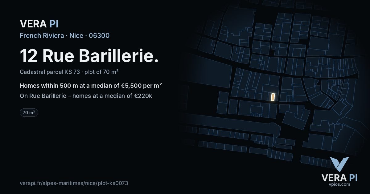 12 Rue Barillerie, Nice at night – the plot lit, the parcels around coloured by the prices near them