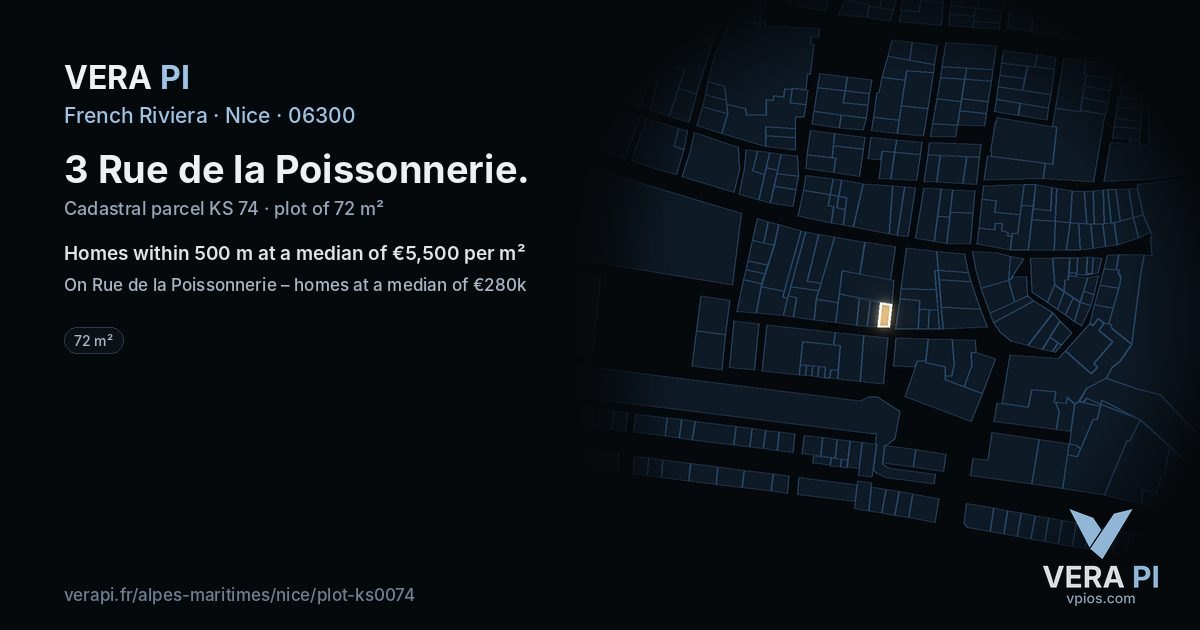 3 Rue de la Poissonnerie, Nice at night – the plot lit, the parcels around coloured by the prices near them