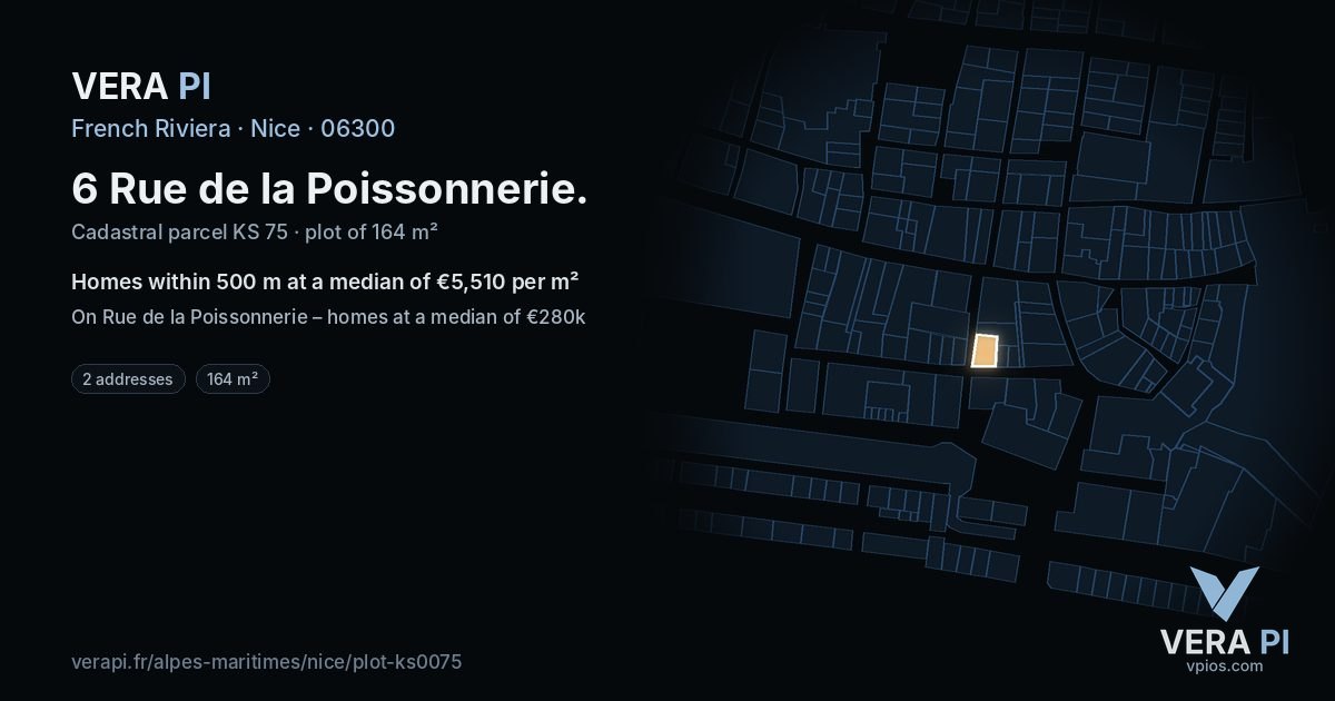 6 Rue de la Poissonnerie, Nice at night – the plot lit, the parcels around coloured by the prices near them
