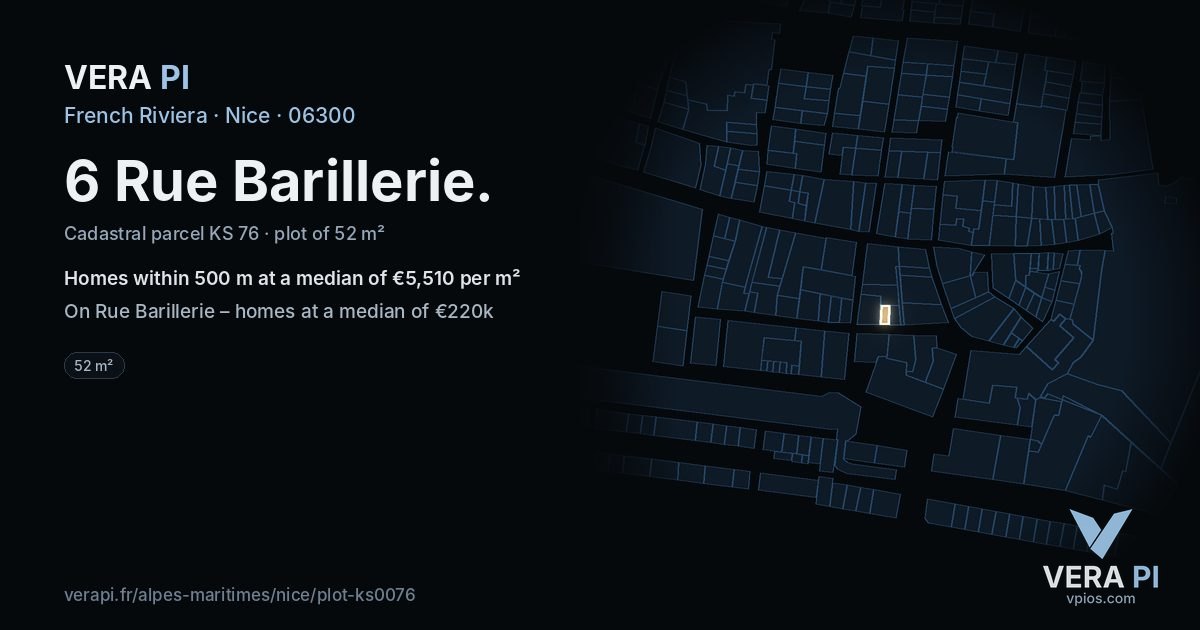 6 Rue Barillerie, Nice at night – the plot lit, the parcels around coloured by the prices near them