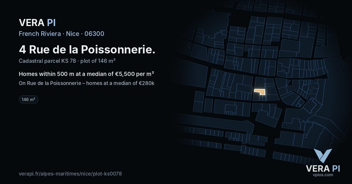 4 Rue de la Poissonnerie, Nice at night – the plot lit, the parcels around coloured by the prices near them