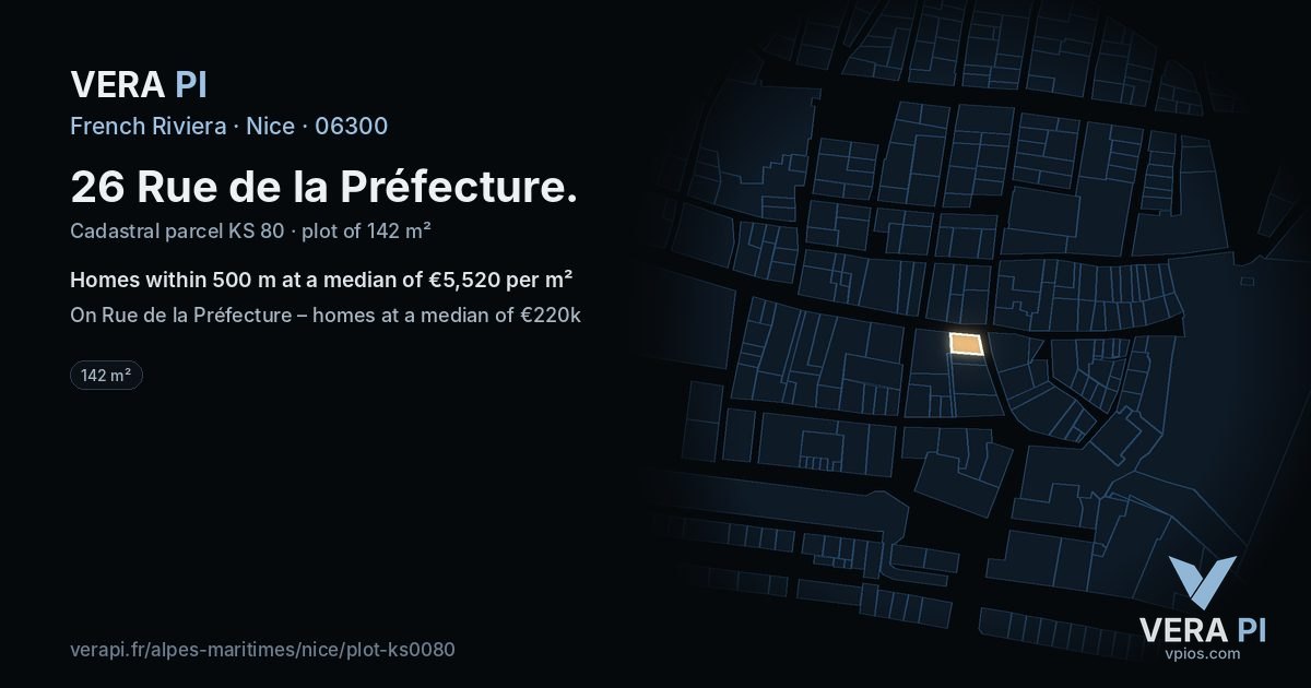26 Rue de la Préfecture, Nice at night – the plot lit, the parcels around coloured by the prices near them