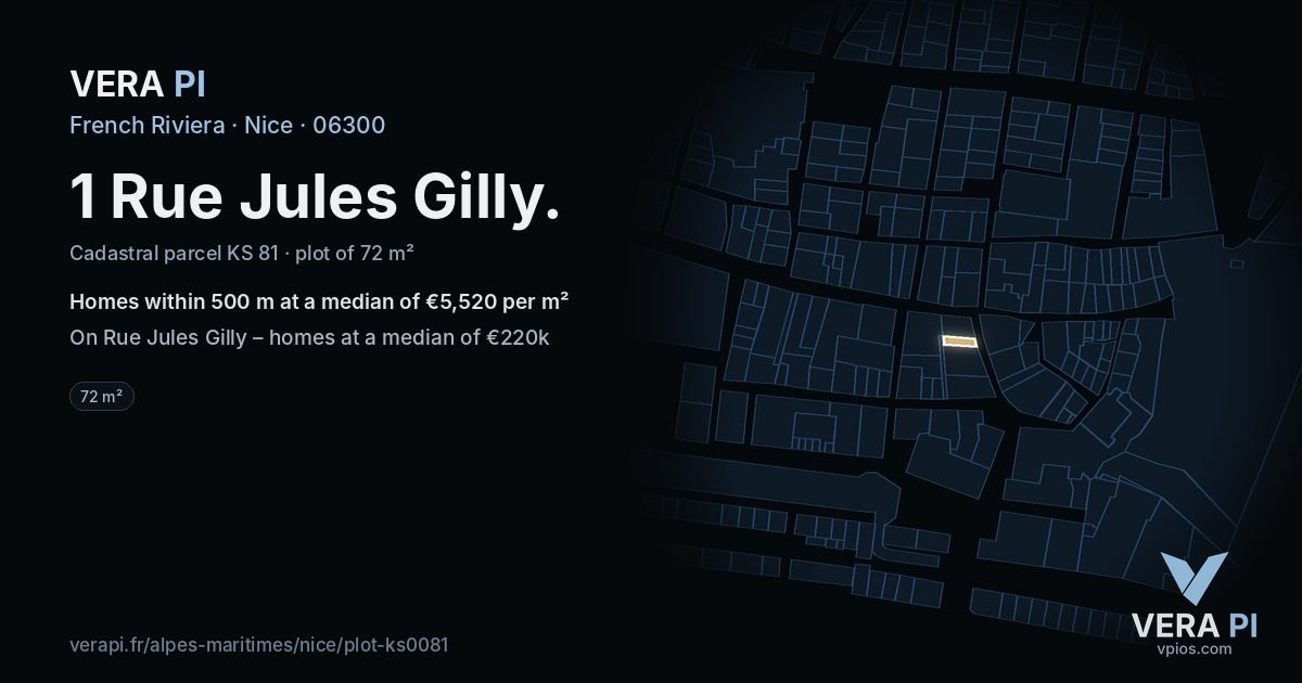 1 Rue Jules Gilly, Nice at night – the plot lit, the parcels around coloured by the prices near them