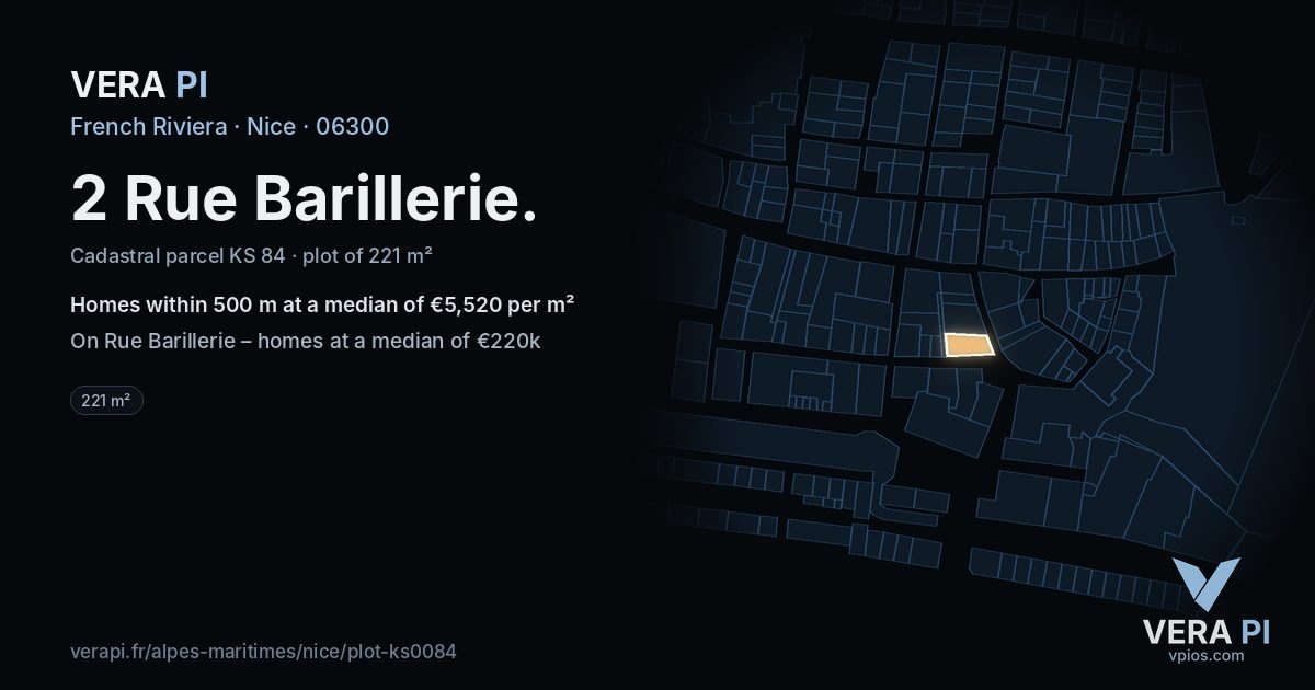 2 Rue Barillerie, Nice at night – the plot lit, the parcels around coloured by the prices near them