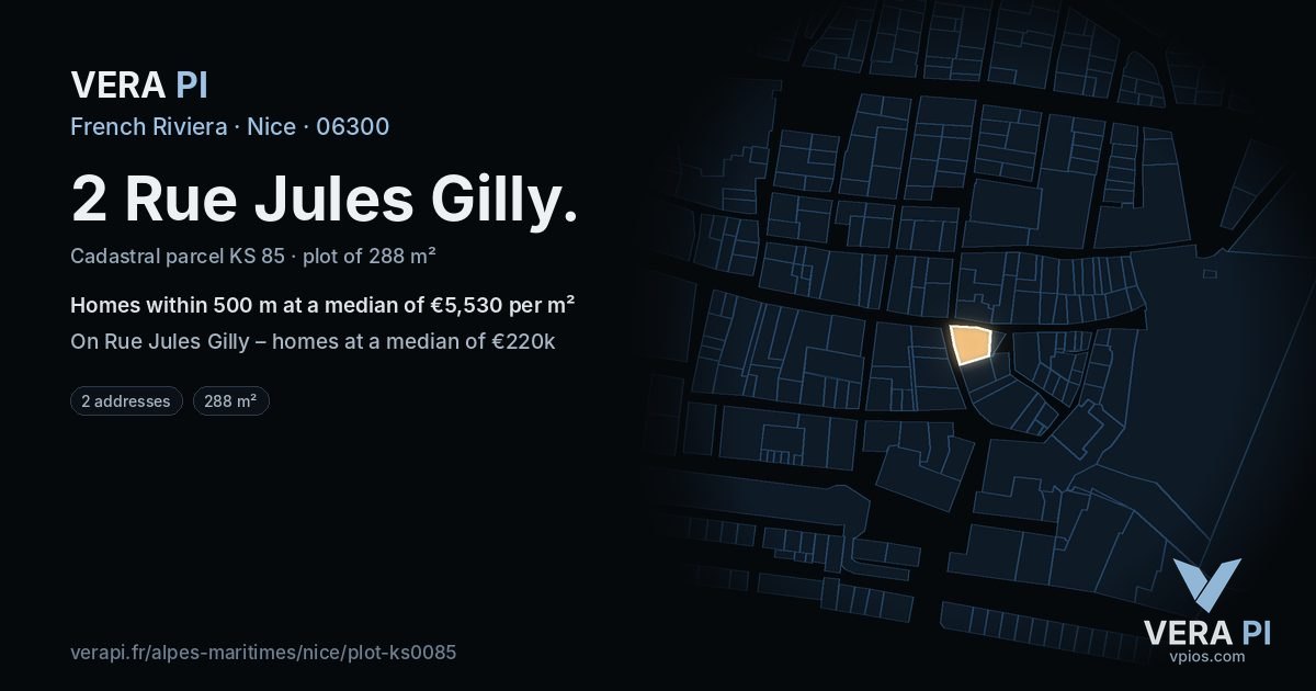 2 Rue Jules Gilly, Nice at night – the plot lit, the parcels around coloured by the prices near them