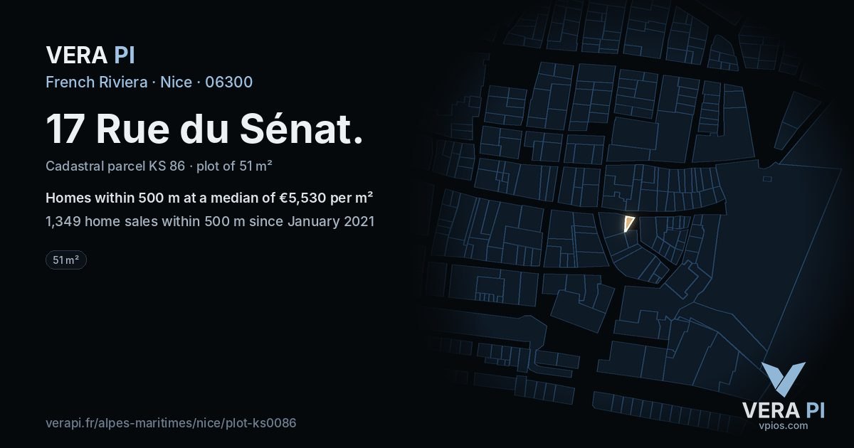 17 Rue du Sénat, Nice at night – the plot lit, the parcels around coloured by the prices near them