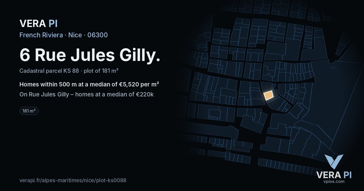6 Rue Jules Gilly, Nice at night – the plot lit, the parcels around coloured by the prices near them