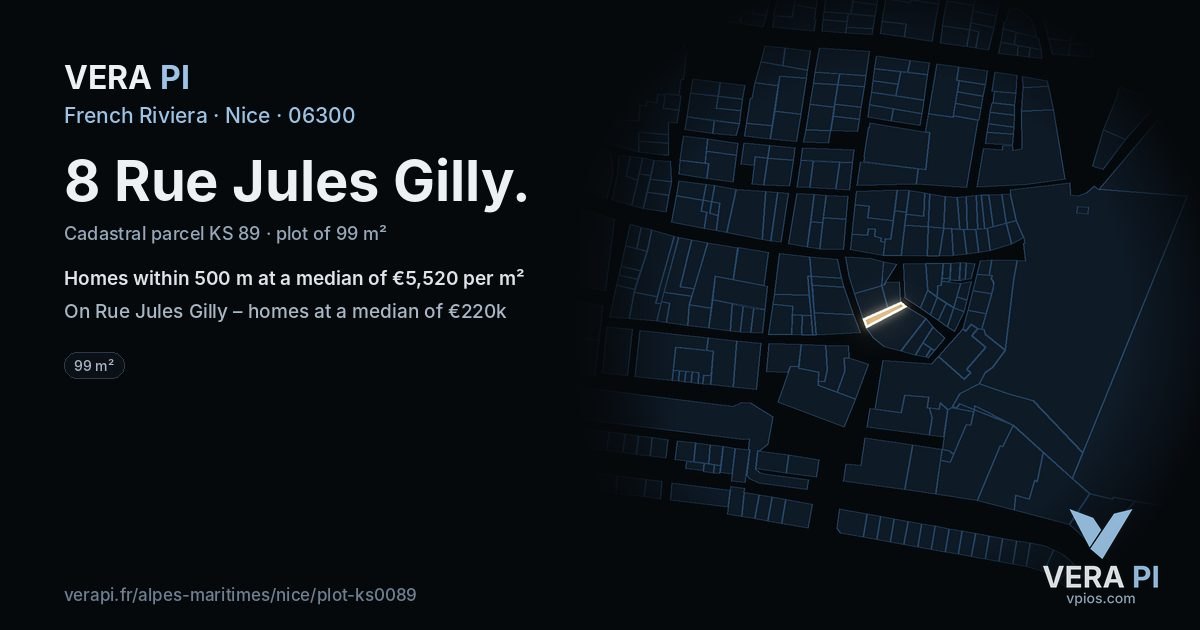 8 Rue Jules Gilly, Nice at night – the plot lit, the parcels around coloured by the prices near them