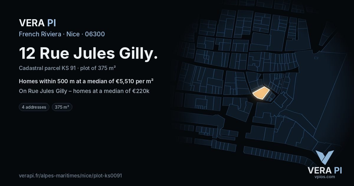 12 Rue Jules Gilly, Nice at night – the plot lit, the parcels around coloured by the prices near them
