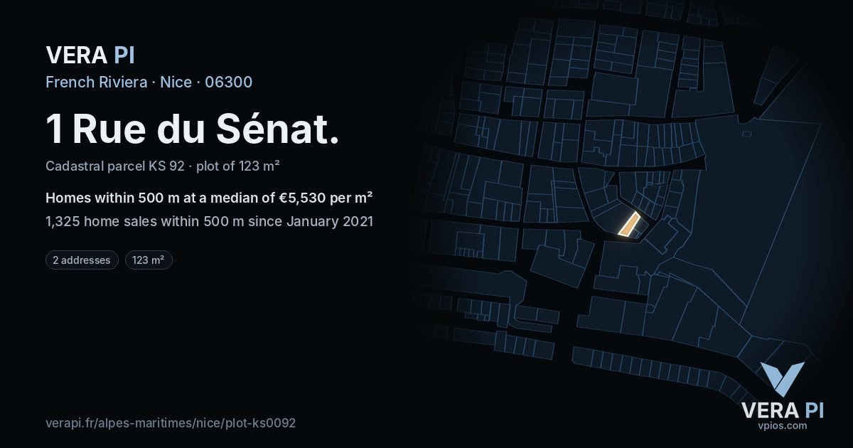 1 Rue du Sénat, Nice at night – the plot lit, the parcels around coloured by the prices near them