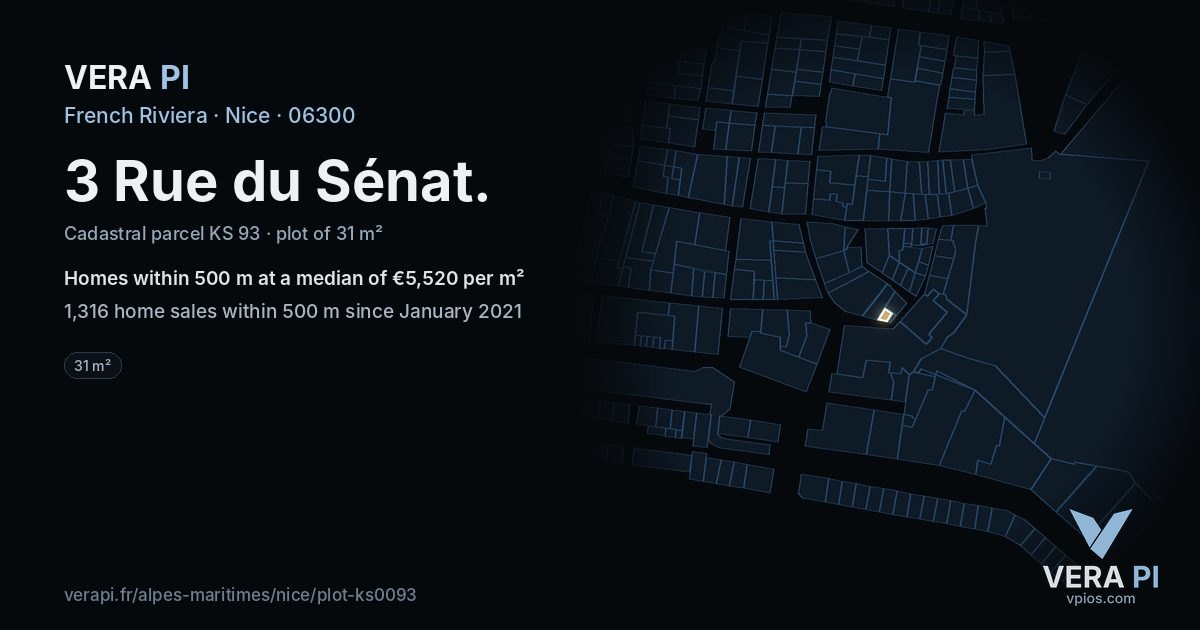 3 Rue du Sénat, Nice at night – the plot lit, the parcels around coloured by the prices near them