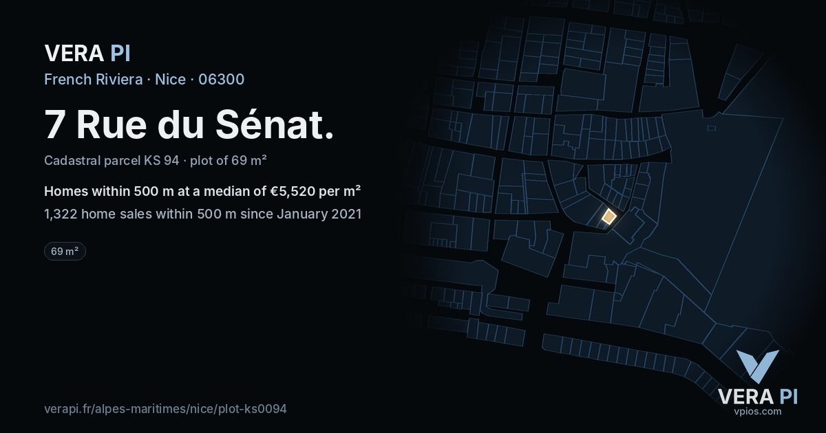 7 Rue du Sénat, Nice at night – the plot lit, the parcels around coloured by the prices near them