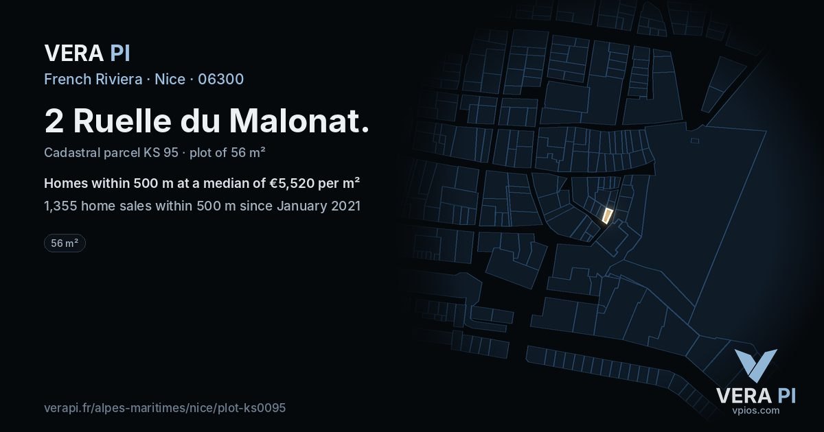 2 Ruelle du Malonat, Nice at night – the plot lit, the parcels around coloured by the prices near them