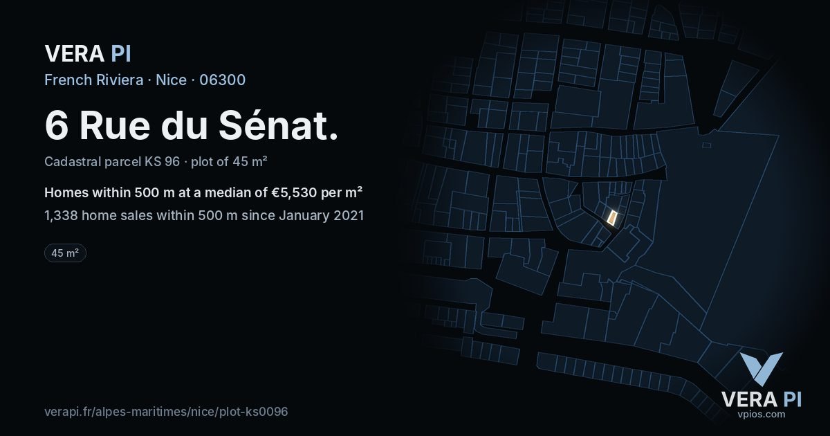 6 Rue du Sénat, Nice at night – the plot lit, the parcels around coloured by the prices near them