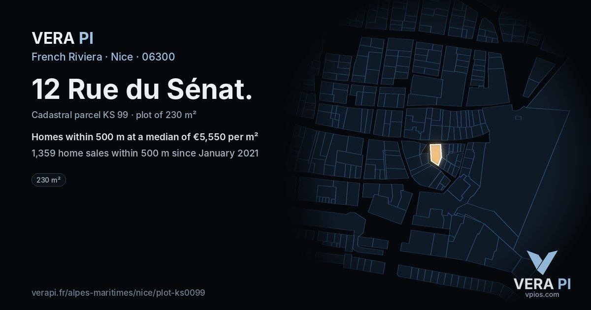 12 Rue du Sénat, Nice at night – the plot lit, the parcels around coloured by the prices near them