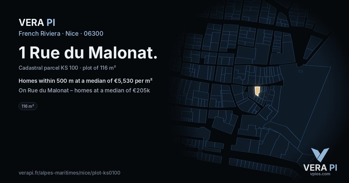1 Rue du Malonat, Nice at night – the plot lit, the parcels around coloured by the prices near them