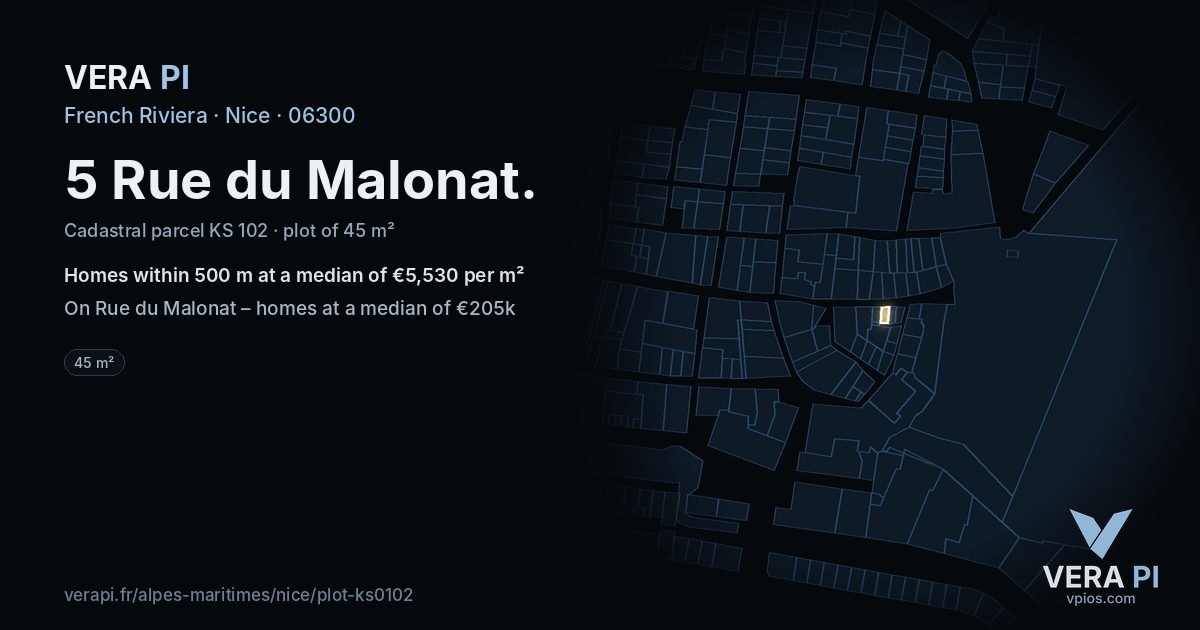 5 Rue du Malonat, Nice at night – the plot lit, the parcels around coloured by the prices near them