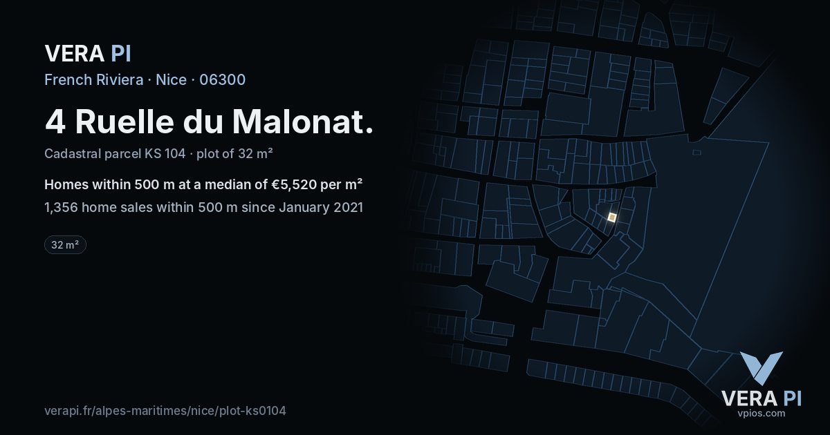4 Ruelle du Malonat, Nice at night – the plot lit, the parcels around coloured by the prices near them