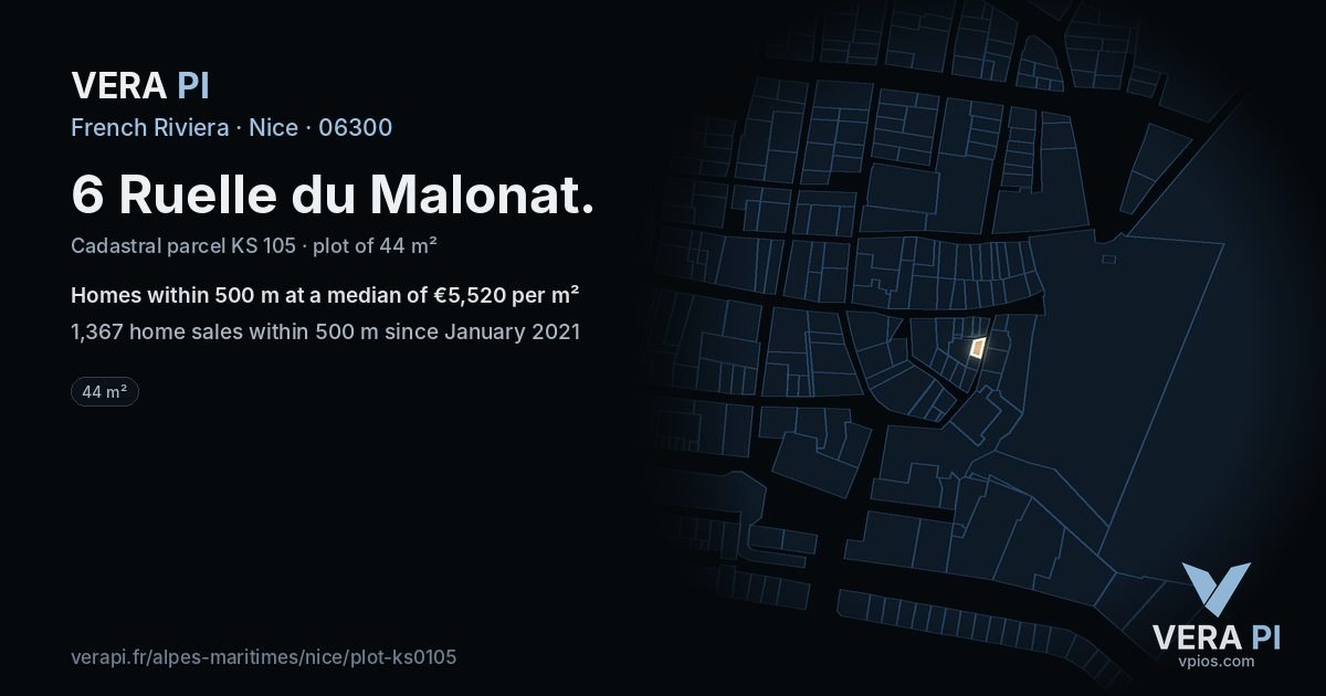 6 Ruelle du Malonat, Nice at night – the plot lit, the parcels around coloured by the prices near them