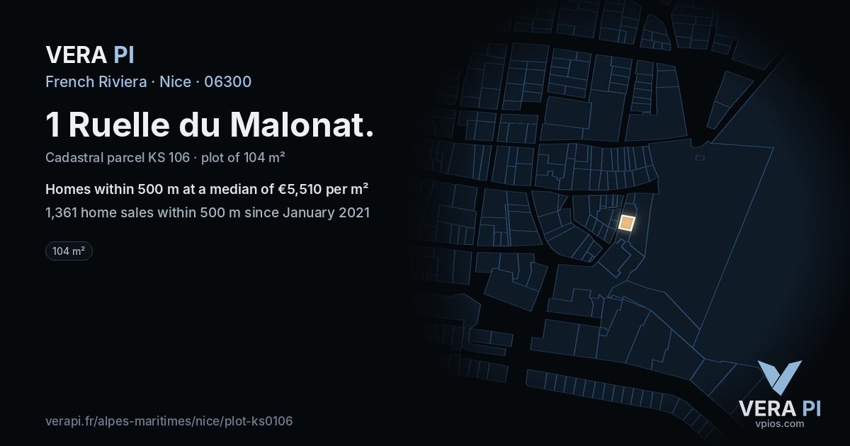 1 Ruelle du Malonat, Nice at night – the plot lit, the parcels around coloured by the prices near them