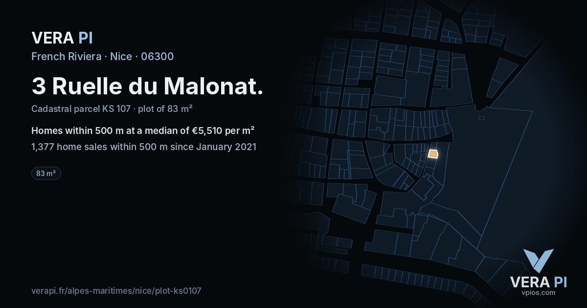 3 Ruelle du Malonat, Nice at night – the plot lit, the parcels around coloured by the prices near them