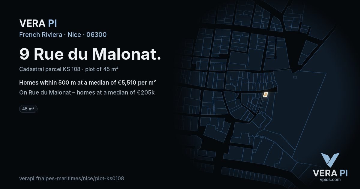 9 Rue du Malonat, Nice at night – the plot lit, the parcels around coloured by the prices near them