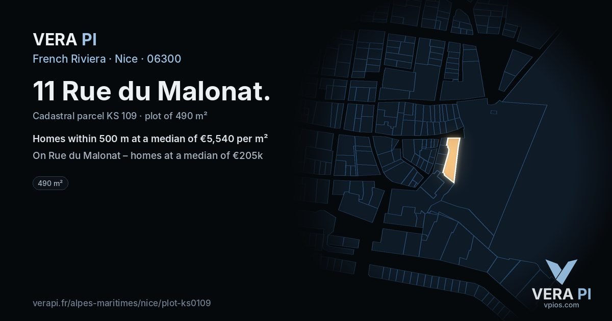 11 Rue du Malonat, Nice at night – the plot lit, the parcels around coloured by the prices near them