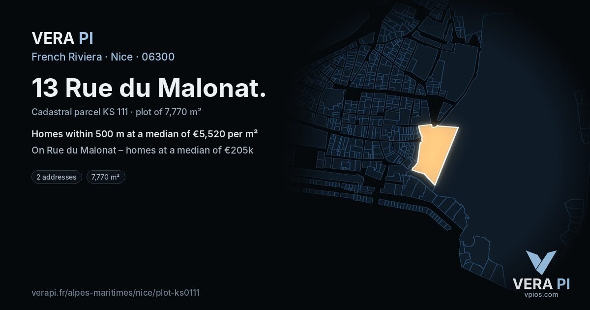 13 Rue du Malonat, Nice at night – the plot lit, the parcels around coloured by the prices near them
