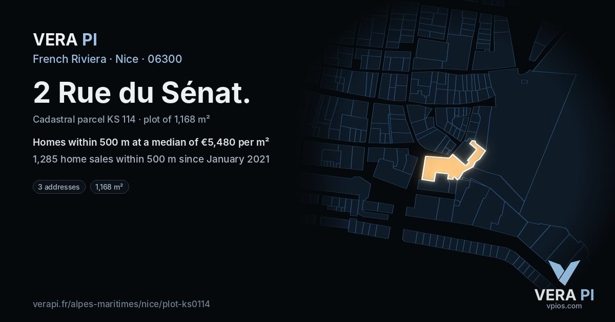 2 Rue du Sénat, Nice at night – the plot lit, the parcels around coloured by the prices near them