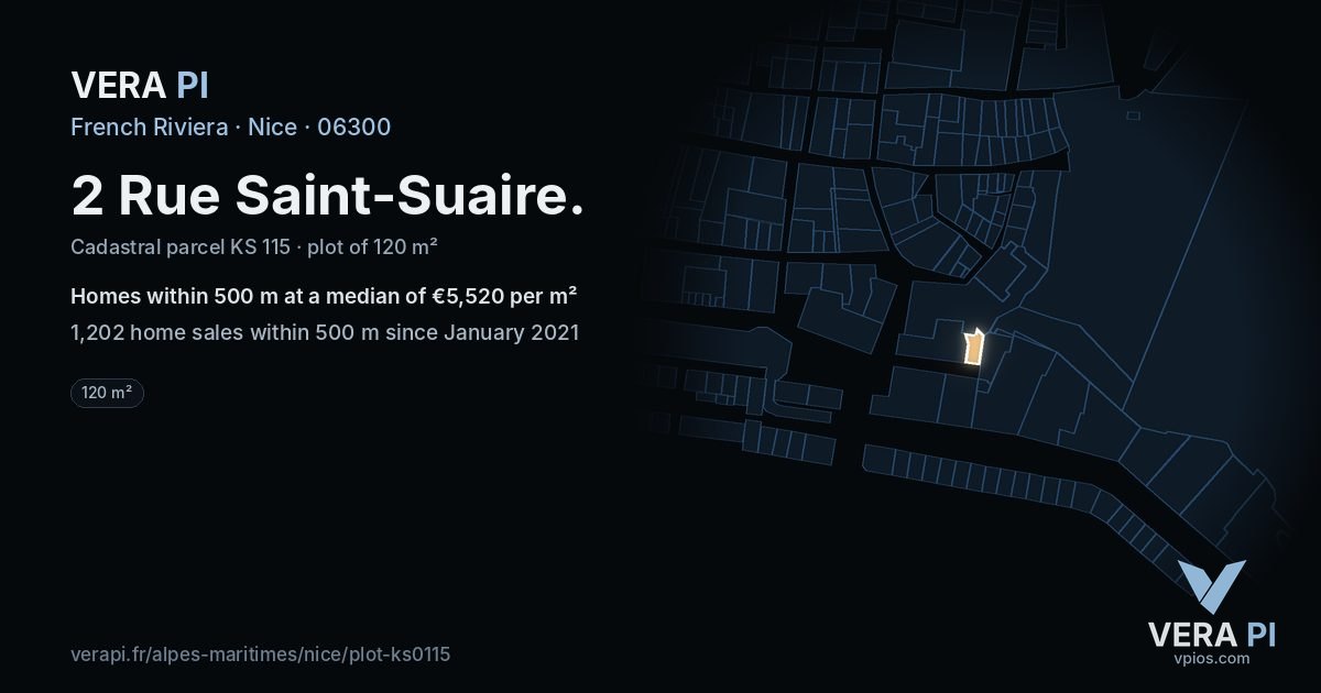 2 Rue Saint-Suaire, Nice at night – the plot lit, the parcels around coloured by the prices near them