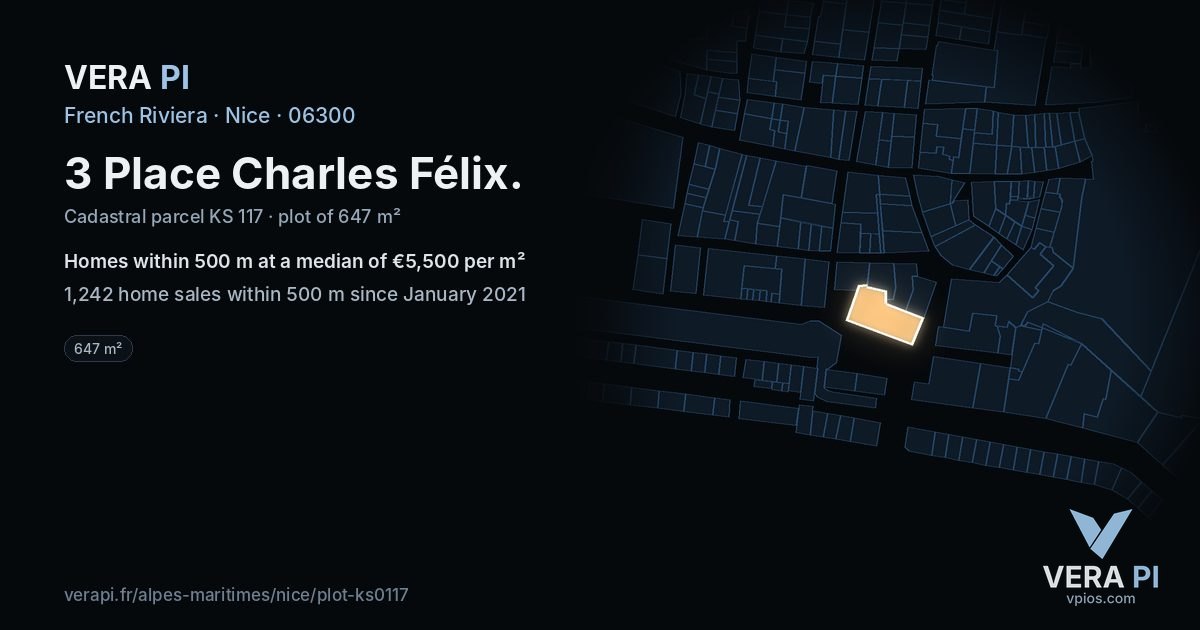 3 Place Charles Félix, Nice at night – the plot lit, the parcels around coloured by the prices near them