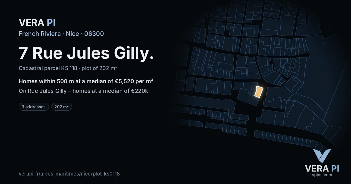 7 Rue Jules Gilly, Nice at night – the plot lit, the parcels around coloured by the prices near them