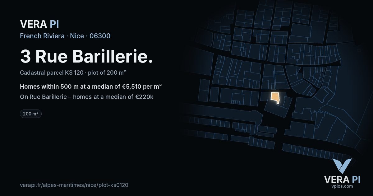 3 Rue Barillerie, Nice at night – the plot lit, the parcels around coloured by the prices near them